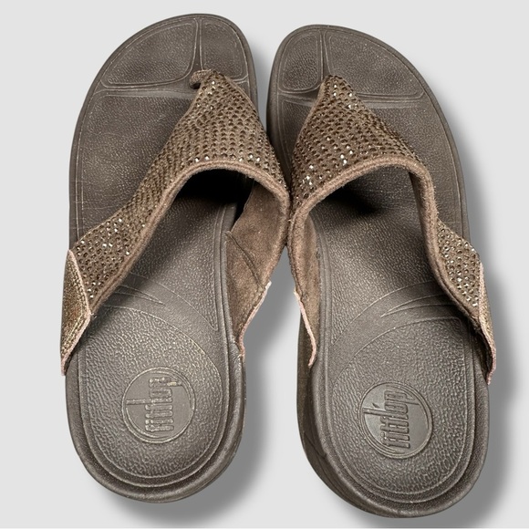 FitFlop Rokkit Leather Rhinestone Thong Sandal Size 10 Brown Thong Platform - Picture 7 of 11